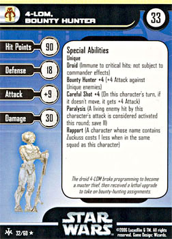 Star Wars Miniature Stat Card - 4-LOM, Bounty Hunter, #32 - Rare