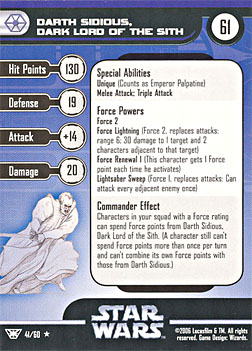 Star Wars Miniature Stat Card - Darth Sidious, Dark Lord of the Sith, #41 - Rare