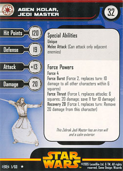 Star Wars Miniature Stat Card - Agen Kolar, Jedi Master, #1 - Rare