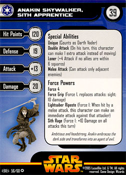 Star Wars Miniature Stat Card - Anakin Skywalker, Sith Apprentice, #56 - Very Rare