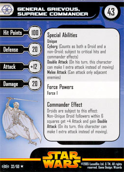 Star Wars Miniature Stat Card - General Grievous, Supreme Commander, #32 - Rare