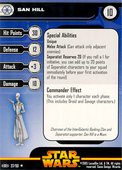 Star Wars Miniature Stat Card - San Hill, #37 - Rare