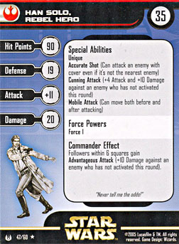 Star Wars Miniature Stat Card - Han Solo, Rebel Hero, #47 - Rare