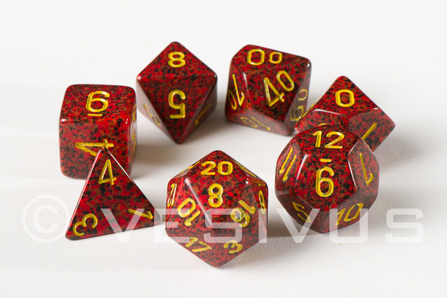 Dadi Chessex picchiettato MERCURIO rosso con macchie nero 10d10 d10 Set 25123 